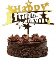 TOPPER NA TORT dekoracje urodzinowe NAPIS HAPPY BIRTHDAY ZŁOTY OZDOBA