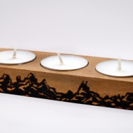 DREWNIANY RĘCZNIE WYPALANY ŚWIECZNIK 3 tealight- "Góry - pirografia