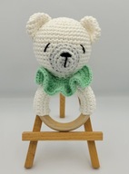 Prezent Grzechotka Miś na szydełku gryzak z drewna Handmade