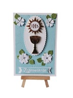 ZAPROSZENIA KOMUNIA CHŁOPIEC KIELICH SŁONECZKO W KWIATACH B6 BŁĘKIT - BIEL