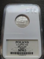 SREBRO 2 zł złote 1936 ŻAGLOWIEC GCN MS63