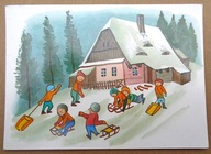 POCZTÓWKA - FRANTISEK SKODA - ZABAWY NA ŚNIEGU - grafika autorska lata 80te