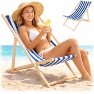 LEŻAK OGRODOWY PLAŻOWY SKŁADANY TURYSTYCZNY DREWNIANY LEKKI BIAŁO NIEBIESKI