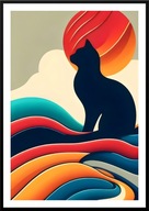 A2 KOLOROWY OBRAZ PLAKAT Z KOTEM, CZARNY KOT NA TLE WSCHODZĄCEGO SŁOŃCA