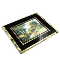 Obraz mieniący się pejzaż chałupa rzeka brzoza lata 80 dekoracja PRL