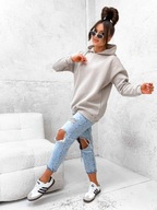 Bluza damska beżowa z kapturem oversize ze ściągaczem Basic L dresowa