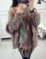 PONCHO PONCZO frędzle gruby splot melanż beżowy