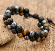 BOHO BRANSOLETKA SKÓRA KAMIENIE hematyt onyx lawa