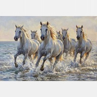 Białe konie biegnące po wodzie obraz olejny na płótnie 55x80 ocean koń art