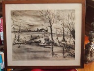 Pejzaż z łódką stawem i pomostem. - rysunek węglem.