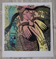 Anioł opiekuńczy. 30 × 30 cm. 2025 r. (linoryt kol.)