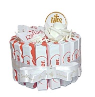 TORT BOX OKRĄGŁY Z KINDER, RAFFAELLO SŁODKI PREZENT DLA DZIECKA NA KOMUNIĘ