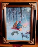 MYŚLIWI PRZY OGNISKU-OBRAZ OLEJNY NA PŁÓTNIE