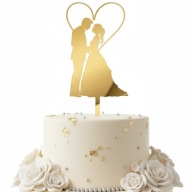 TOPPER NA TORT młoda para serce ZŁOTA PLEXA lustro
