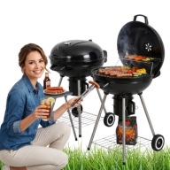 GRILL OGRODOWY WĘGLOWY DUŻY + TERMOMETR + PÓŁKI + POPIELNIK CZARNY