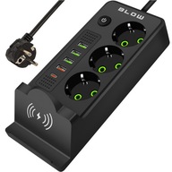 Listwa zasilająca 8w1 BLOW. 3 gniazda, 4xUSB, USB-C, indukcja Qi. 3m 2500W