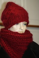 czapka beanie rekodzielo moher warkocze wisnia