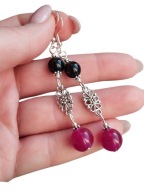 JON52 Kolczyki kamienie JADEIT FUKSJA ONYKS długie