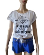 ŁAP NAS BIAŁA BLUZKA NA KRÓTKI RĘKAW TOP KOSZULKA WIĄZANA 36 S NADRUK