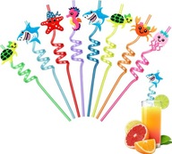 16 słomek rurek dla dzieci plastikowe zakręcone morskie kolorowe urodziny