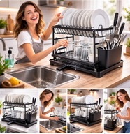 OCIEKACZ DO NACZYŃ DWUPOZIOMOWY SKŁADANY METALOWY CZARNY STOJĄCA SUSZARKA