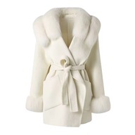 Płaszcz kaszmirowy wełniany futro z lisa kieszenie pasek kremowy r. S