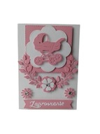 ZAPROSZENIA CHRZEST ŚWIĘTY WÓZEK W SERWETCE LIŚCIE C6 RÓŻ - BIEL