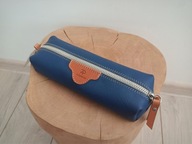 Piórnik, skóra naturalna, ręcznie robiony, niebieski