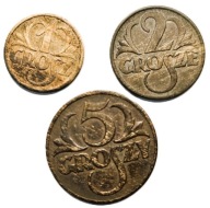 Lot Polskie monety obiegowe 1 gr. 1936, 2 gr. i 5 gr. z 1938 r.