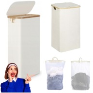 KOSZ NA PRANIE BAMBUSOWY WĄSKI Z POKRYWĄ NA UBRANIA 63L Z KLAPĄ WYSOKI 70CM
