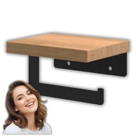 UCHWYT NA PAPIER TOALETOWY WIESZAK CZARNY METALOWY WISZĄCY Z DĘBOWĄ PÓŁKĄ