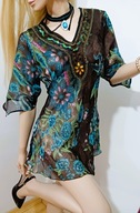 BRĄZOWO-TURKUSOWA TUNIKA SZYFONOWA BIŻUTERYJNA M/L