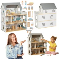 ZESTAW DUZY DREWNIANY DOMEK DLA LALEK XXL MAMABRUM + AKCESORIA LALKI MEBLE