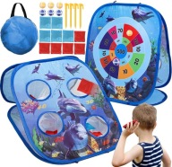 GRA ZRĘCZNOŚCIOWA 3w1 RZUCANIE PIŁECZKAMI I WORECZKIEM DO CELU NIEBIESKA