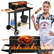 GRILL WĘGLOWY OGRODOWY NA KÓŁKACH Z PÓŁKAMI RUSZT 4-POZIOMY ROŻEN BBQ DUŻY