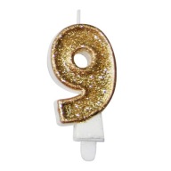 Świeczka 9 cyferka DZIEWIĘĆ dziewiątka - brokat złoty GOLD, urodziny PARTY.