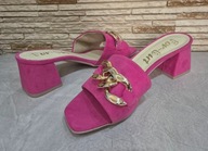 Klapki letnie zamsz roż Fuksja złoty łańcuch 37