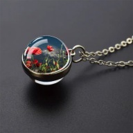 NASZYJNIK srebronoszary szkło kulka maki kwiaty wiosna modny stylizowany