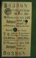kartonikowy bilet PKP - Rzeszów - Budapeszt p. Kalwaria Zebrzyd. - 1972 rok
