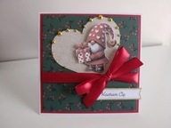 Kartka ręcznie robiona na walentynki skrzat z sercem