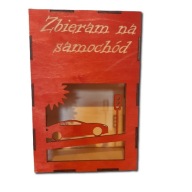 Skarbonka drewniana z okienkiem, zbieram na samochód, 18cm, grawer, kolory