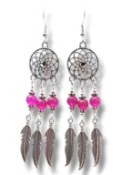 JF66 Urocze kobiece kolczyki kamienie JADEIT FUKSJA łapacz snów piórko