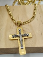 Naszyjnik Złoty męski Krzyż Jezus Stal 316L Pancerka klasa design