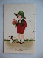 URODZINY DZIECKO PIES przedwojenna POCZTÓWKA