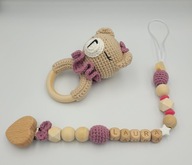 Zestaw Grzechotka Miś na szydełku + zawieszka do smoczka prezent Handmade