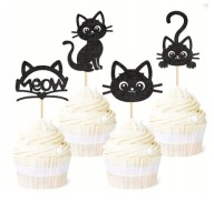 Dekoracje kotki 12 szt. toppery na babeczki MEOW brokat czarne zestaw