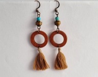 DUŻE WISZĄCE KOLCZYKI BOHO DREWNO MOSIĄDZ TURKUS CHWOSTY