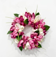 Wieniec dekoracyjny wianek tulipany różowe i białe wiosna ozdoba drzwi