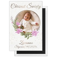 PAMIĄTKA CHRZTU ŚWIĘTEGO magnes ze zdjęciem „Pudrowe Kwiaty” + OPAKOWANIE