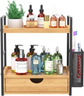 ORGANIZER ŁAZIENKOWY 2 POZIOMOWY PÓŁKA NA KOSMETYKI Z SZUFLADĄ DREWNO METAL